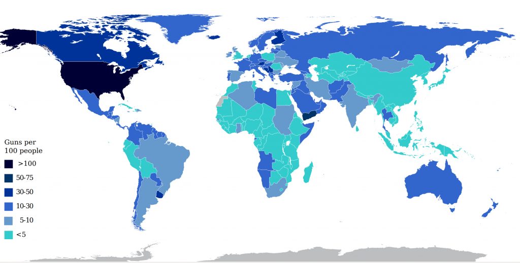 Armas de fuego (pistolas) en el mundo por 100 habitantes